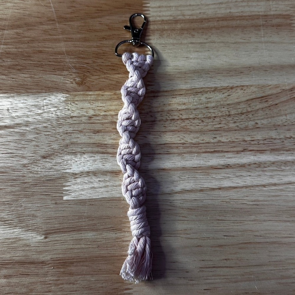 Handmade Macrame Spiral Keychain Boho Cotton Bag Charm Silver Clasp